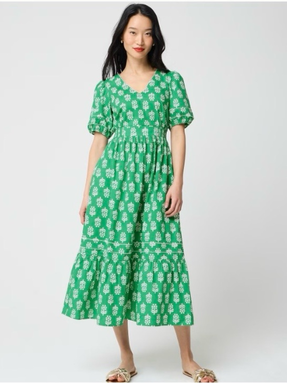 J. Crew Factory Block- Print Puff Sleeves Green Dress